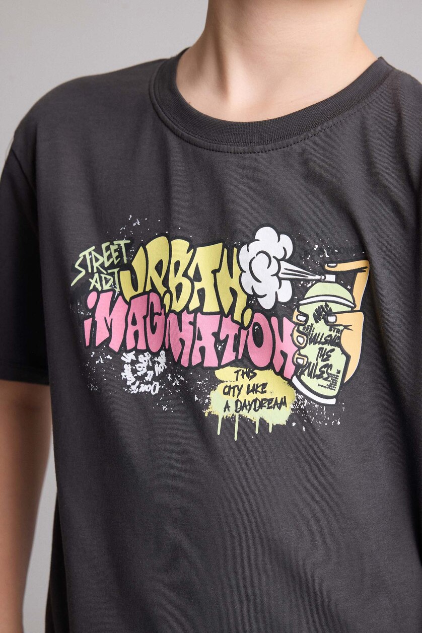 Young Boys - Teen Boys Anthracite Boy New Regular Fit Printed Short Sleeve T-Shirt
