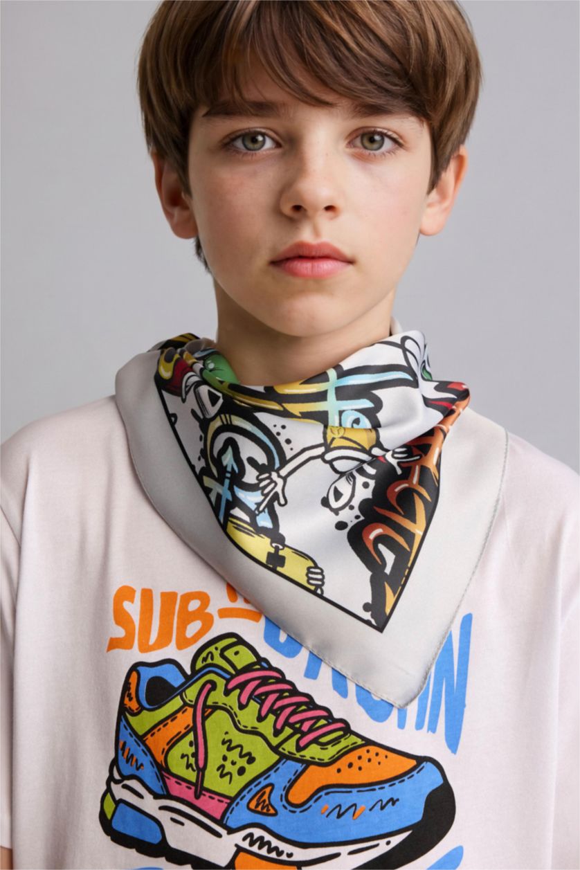 Erkek Çocuk - Genç Erkek Açık Gri Desenli Bandana Erkek Çocuk