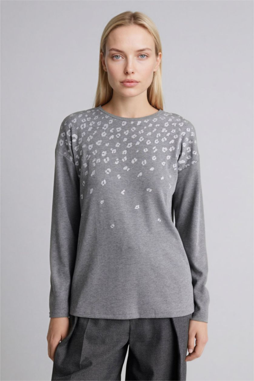 WOMAN Anthracite Melange Regular Fit Crew Neck Stone Print T-Shirt