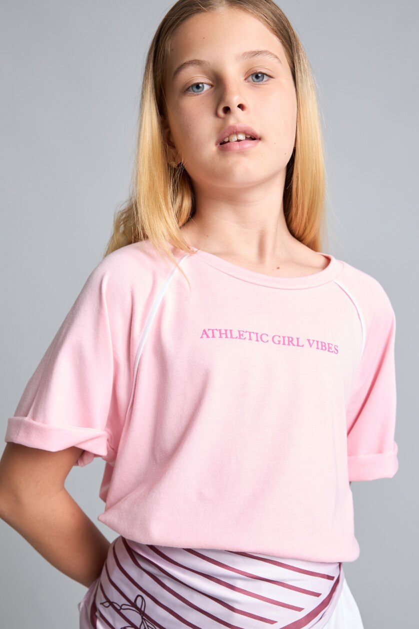 Kız Çocuk - Genç Kız Pembe Oversize Kısa Kollu Modal Baskılı Tişört Kız Çocuk