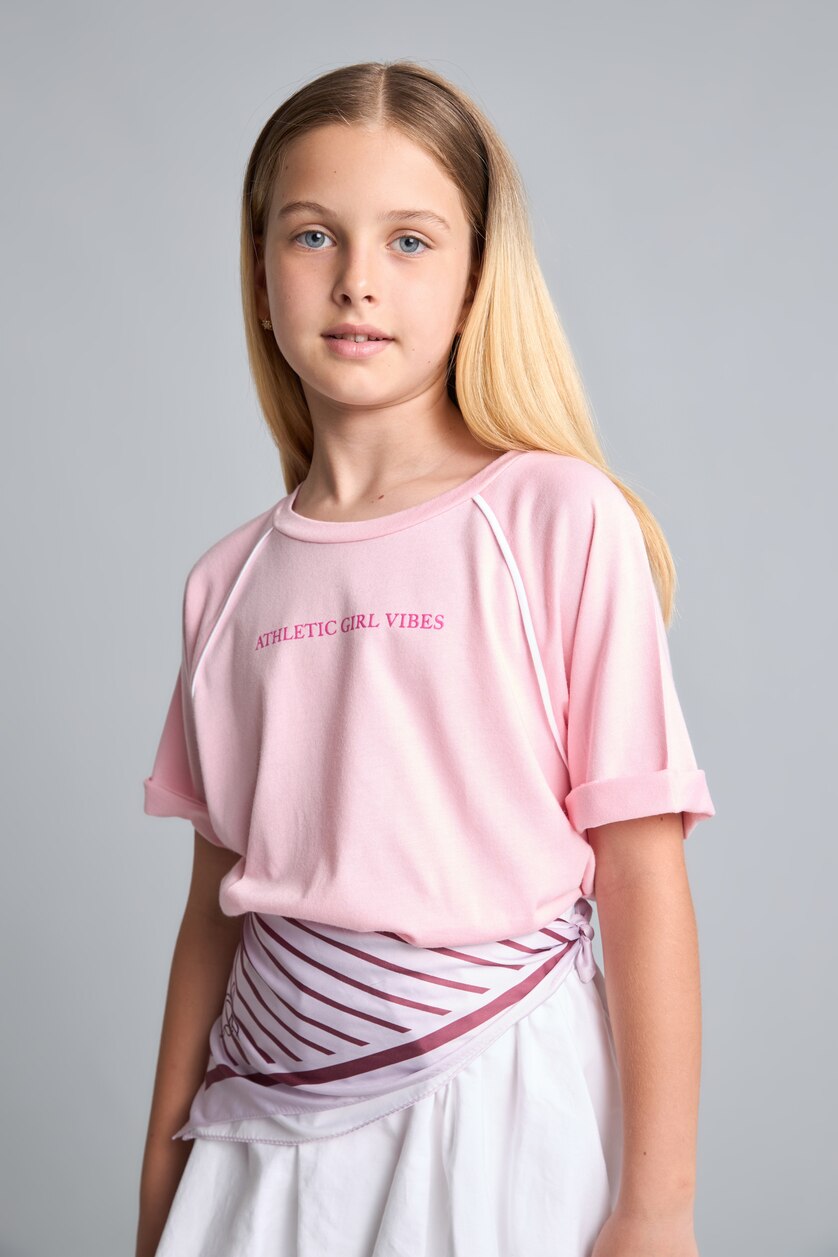 Kız Çocuk - Genç Kız Pembe Oversize Kısa Kollu Modal Baskılı Tişört Kız Çocuk