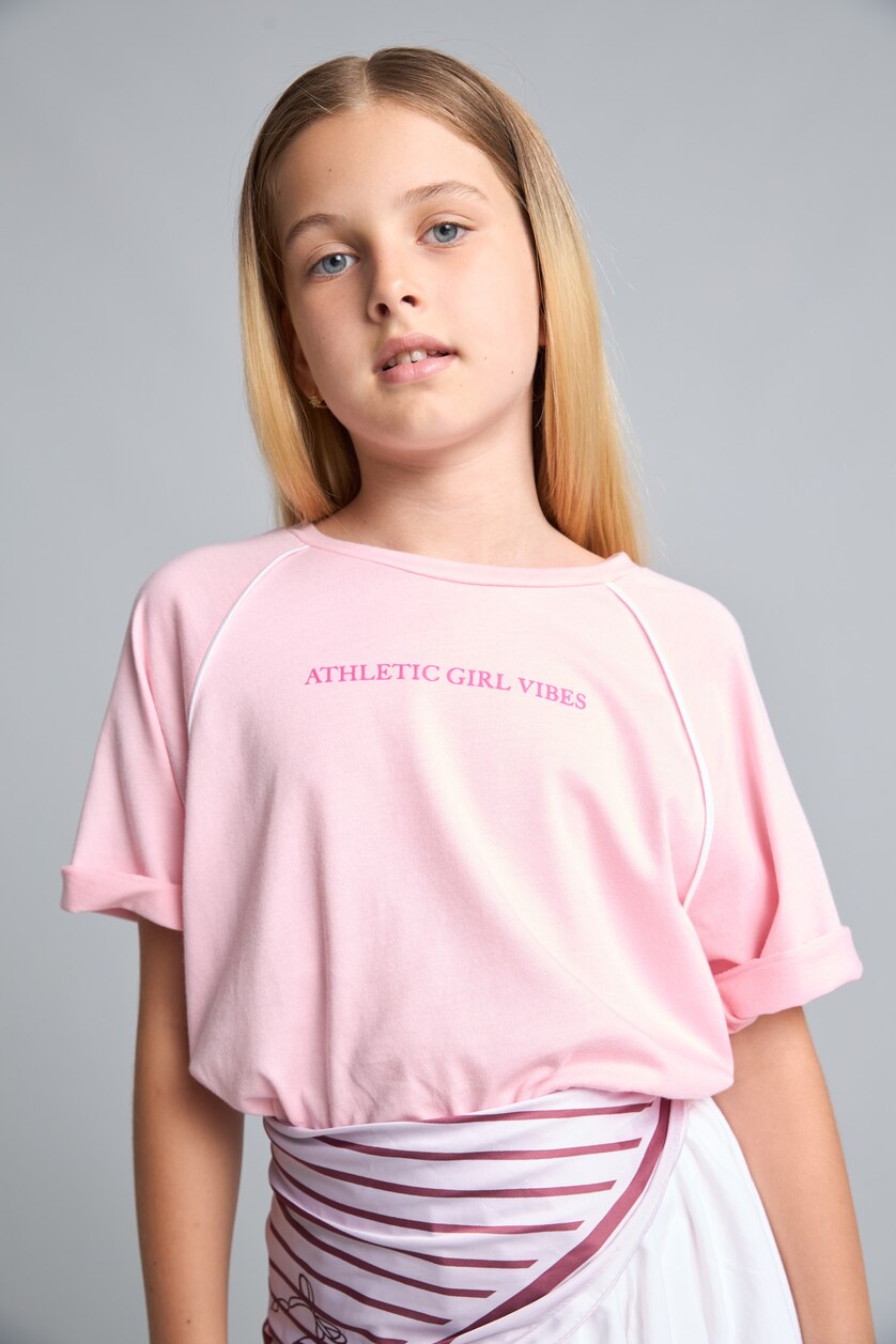 Kız Çocuk - Genç Kız Pembe Oversize Kısa Kollu Modal Baskılı Tişört Kız Çocuk