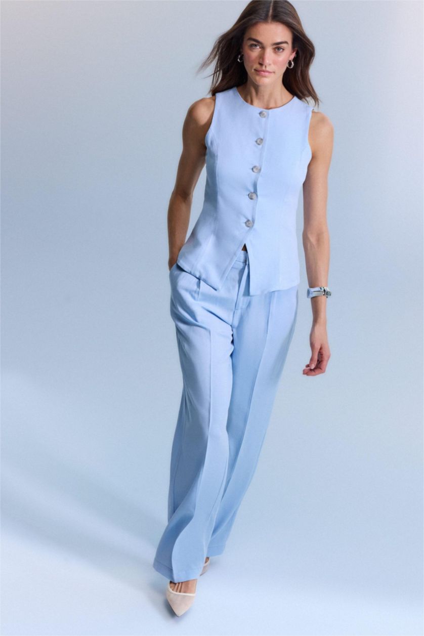 حريمي أزرق فاتح High Waist Straight Fit Trousers