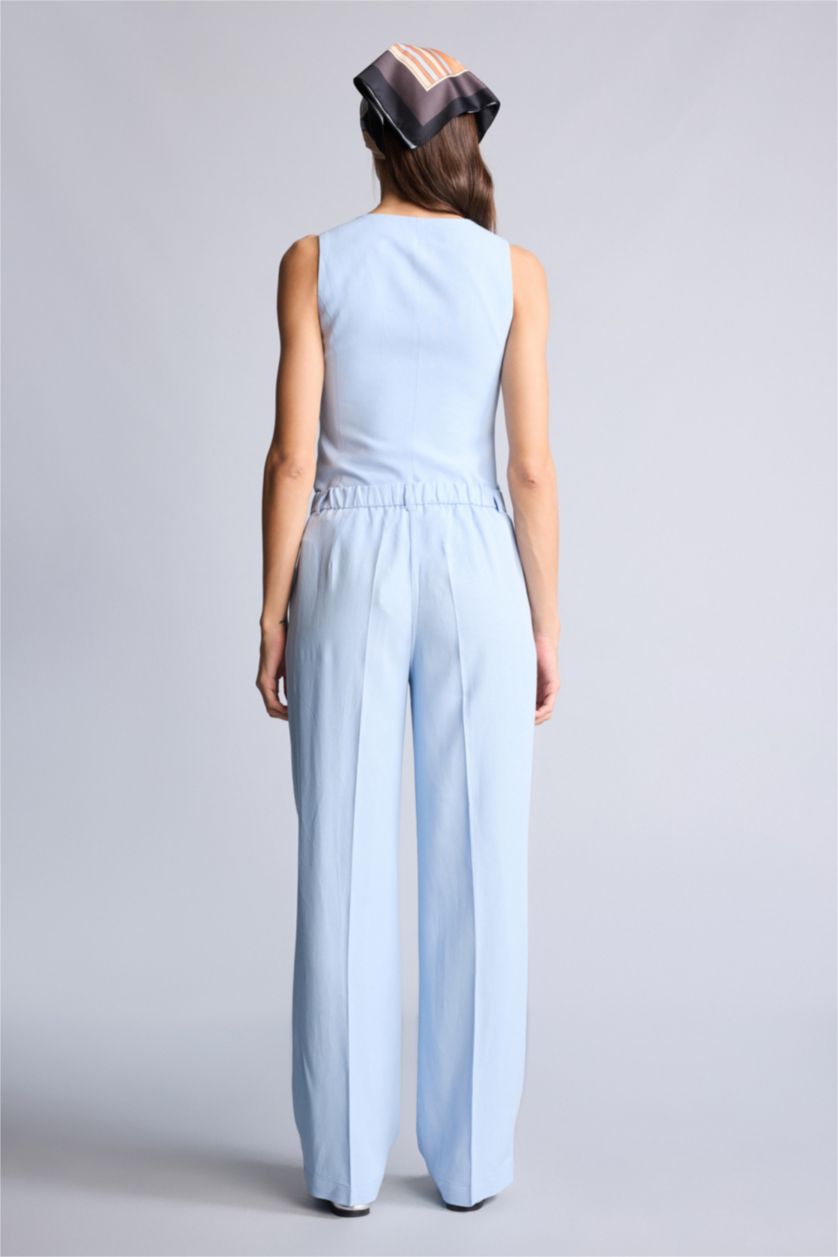 Kadın Açık Mavi Straıght Fıt Fermuarlı Yüksek Bel Standart Boy Keten Karışımlı Pantolon