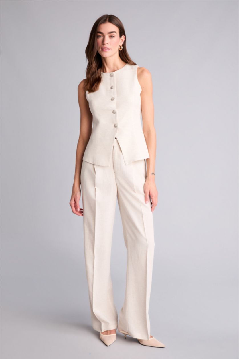 Kadın Sade Ekru Straıght Fıt Fermuarlı Yüksek Bel Standart Boy Keten Karışımlı Pantolon