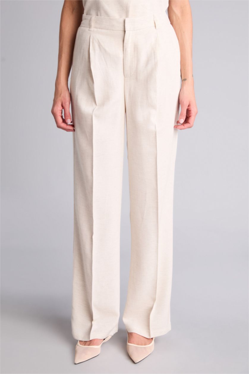 Kadın Sade Ekru Straıght Fıt Fermuarlı Yüksek Bel Standart Boy Keten Karışımlı Pantolon