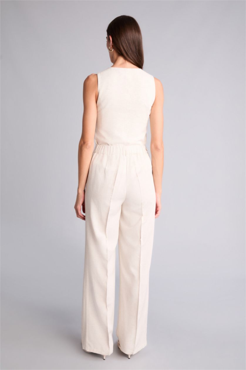 Kadın Sade Ekru Straıght Fıt Fermuarlı Yüksek Bel Standart Boy Keten Karışımlı Pantolon