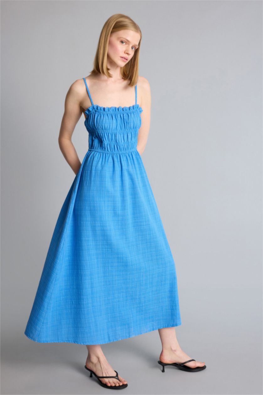 Kadın Mavi Keten Görünümlü Midi Elbise