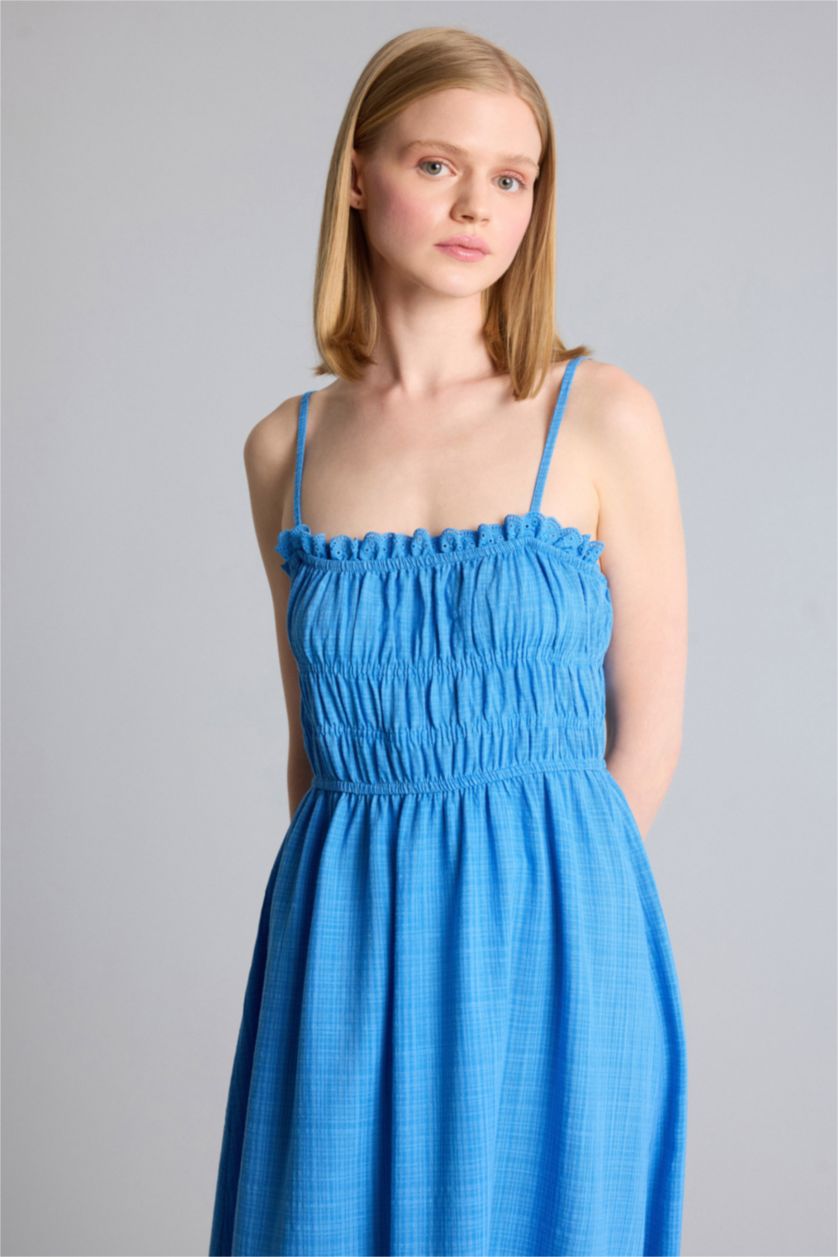 Kadın Mavi Keten Görünümlü Midi Elbise