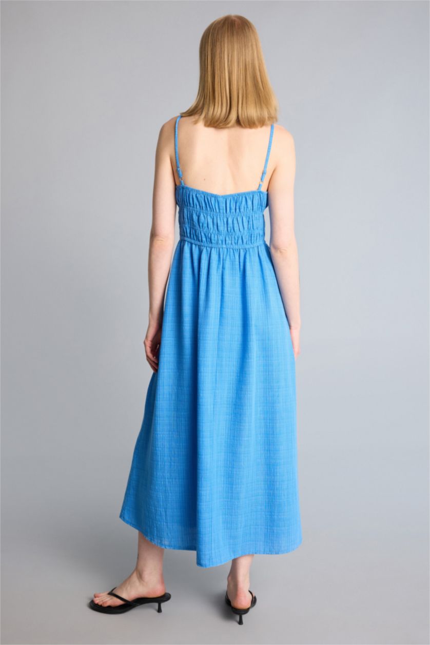 Kadın Mavi Keten Görünümlü Midi Elbise