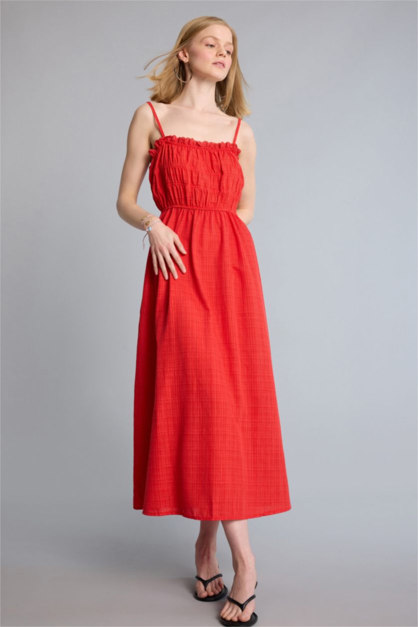 Kadın Kırmızı Keten Görünümlü Midi Elbise