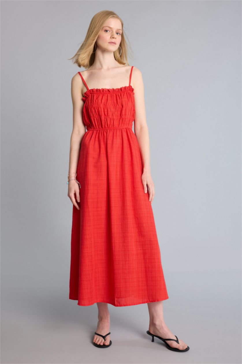 Kadın Kırmızı Keten Görünümlü Midi Elbise