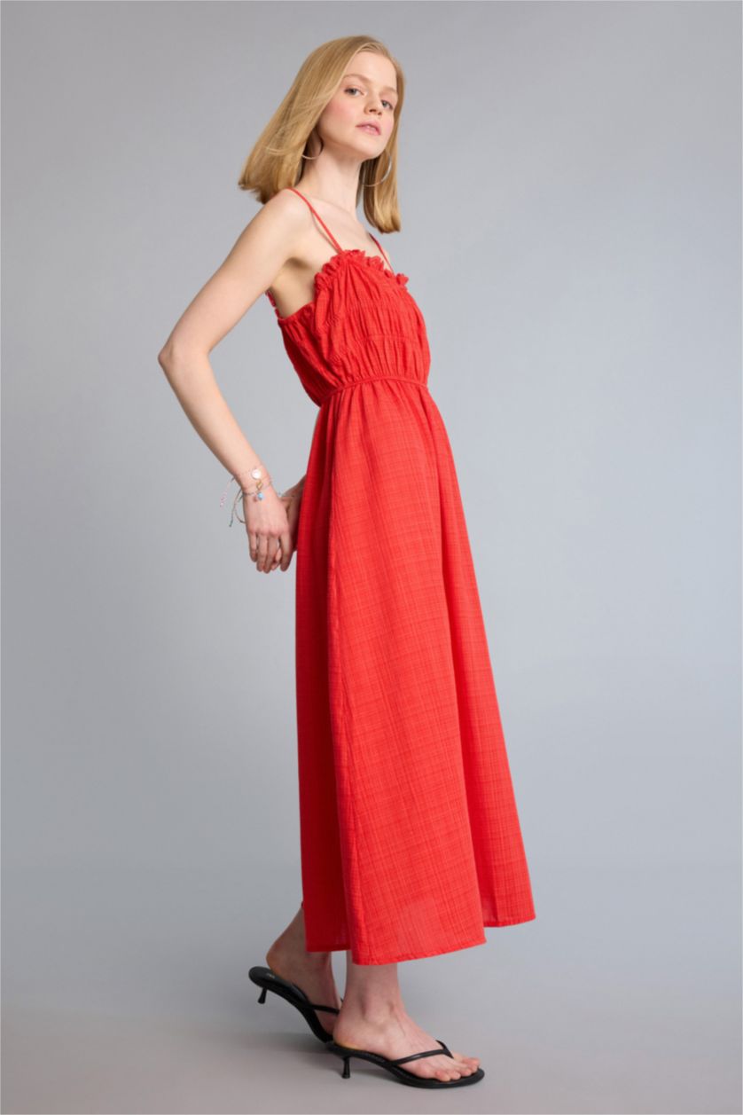 Kadın Kırmızı Keten Görünümlü Midi Elbise