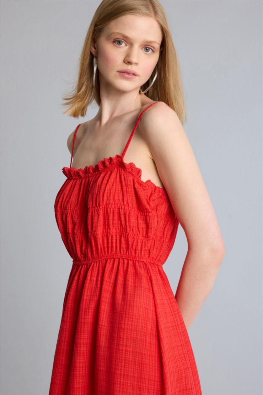 Kadın Kırmızı Keten Görünümlü Midi Elbise