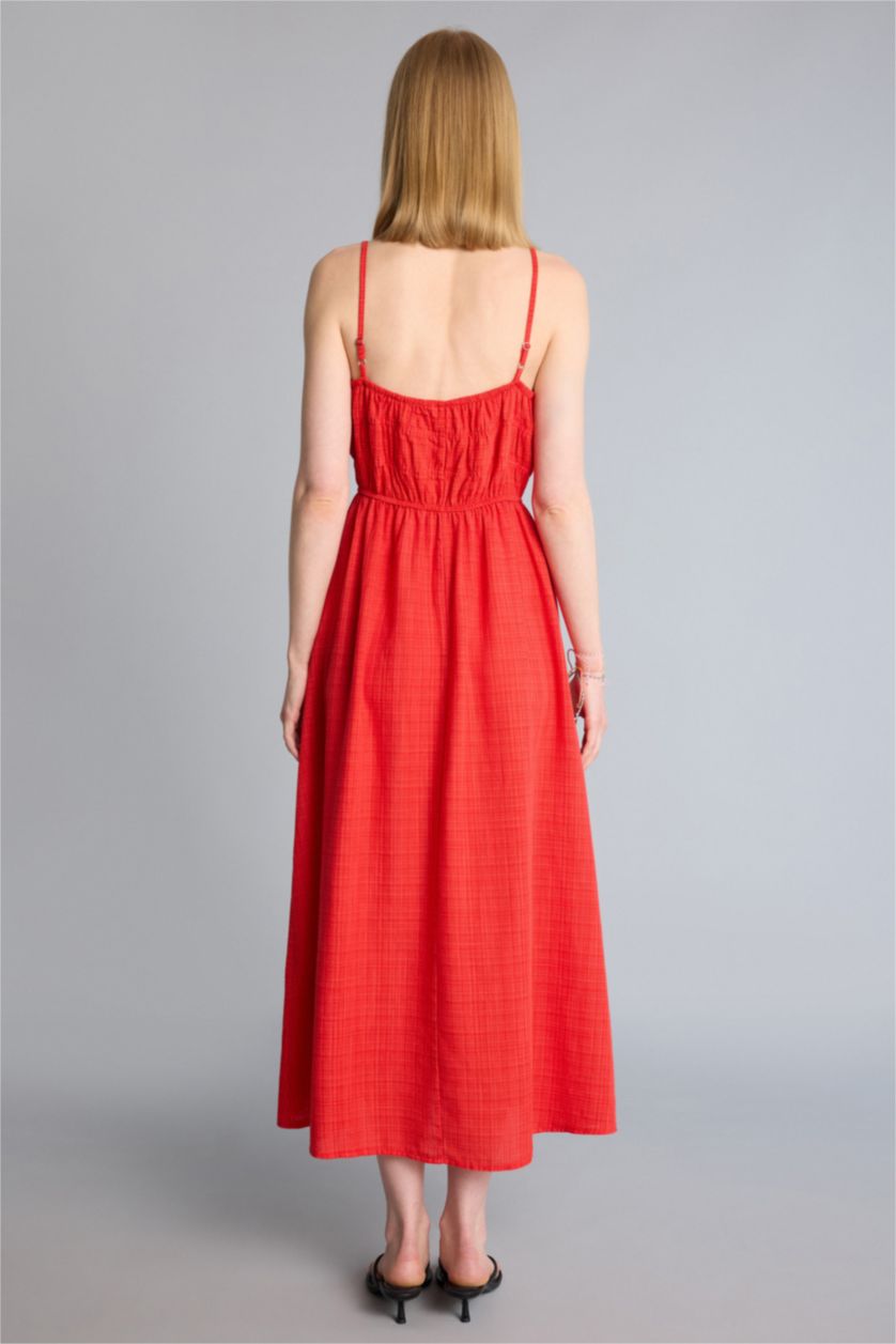 Kadın Kırmızı Keten Görünümlü Midi Elbise