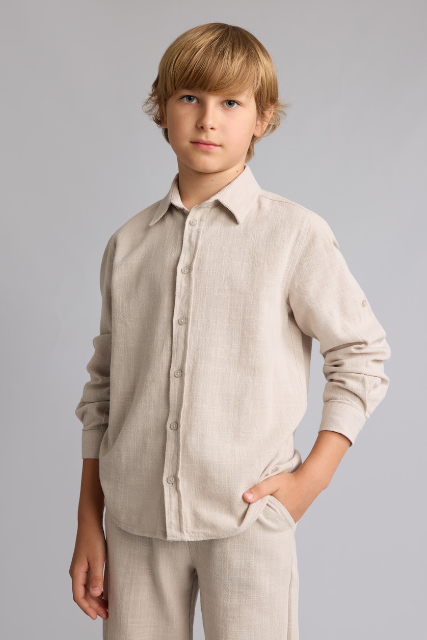 Young Boys - Teen Boys Beige Boy Regular Fit Long Sleeve Beige Linen Aspect Shirt