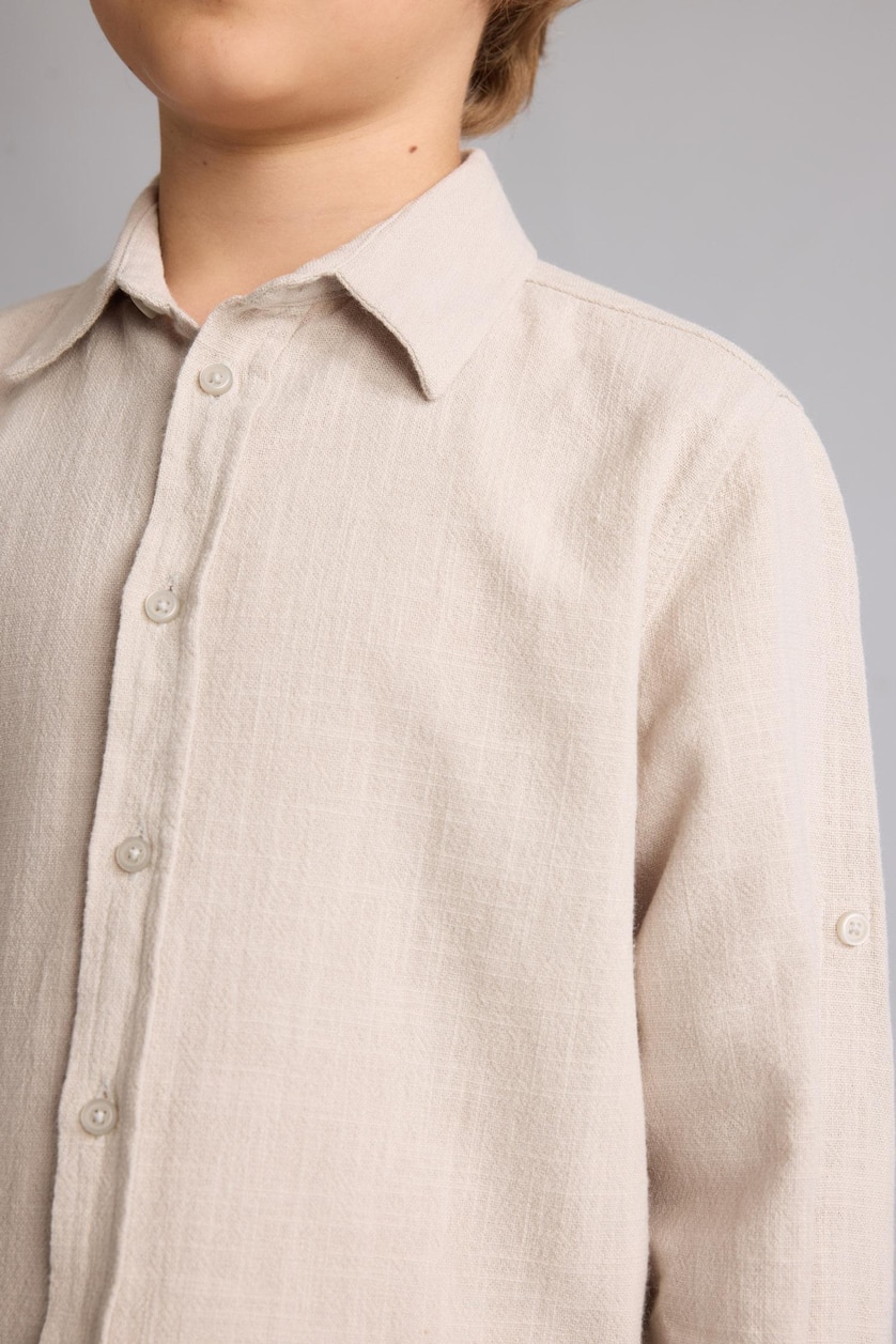 BOYS & TEENS Beige Boy Regular Fit Long Sleeve Beige Linen Aspect Shirt