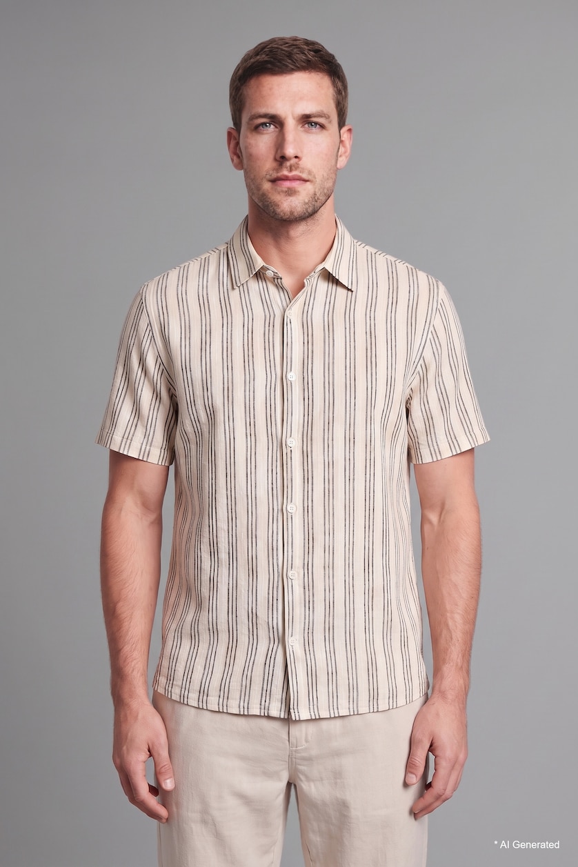 Men NAVY Regular Fit Striped Short Sleeve Shirt