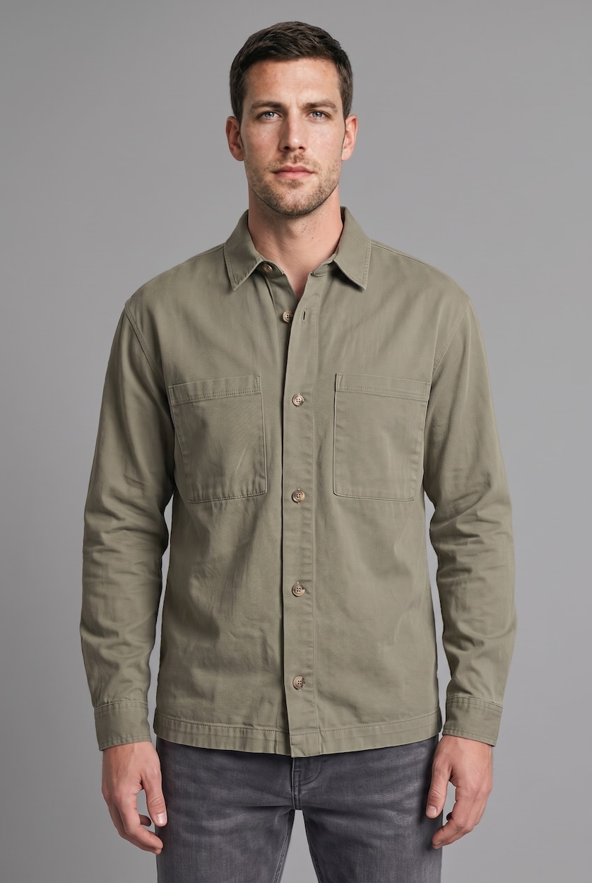 Man Light Khaki Boxy Fit Cotton Long Sleeve Shirt