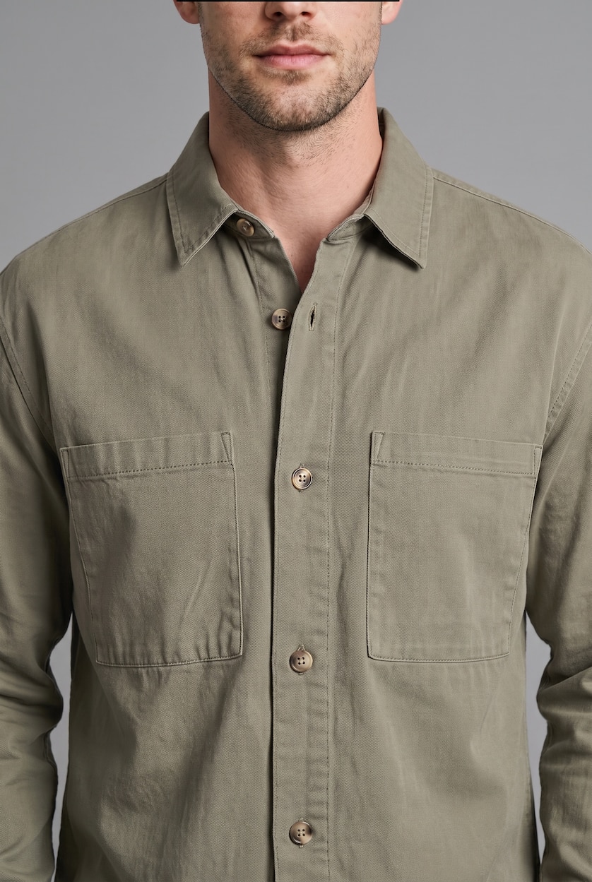 Man Light Khaki Boxy Fit Cotton Long Sleeve Shirt
