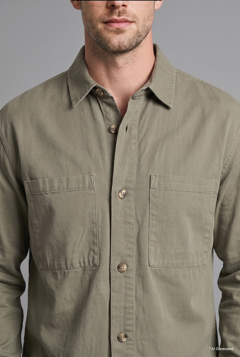Men Light Khaki Boxy Fit Polo Collar Double Pocket Cotton Shirt