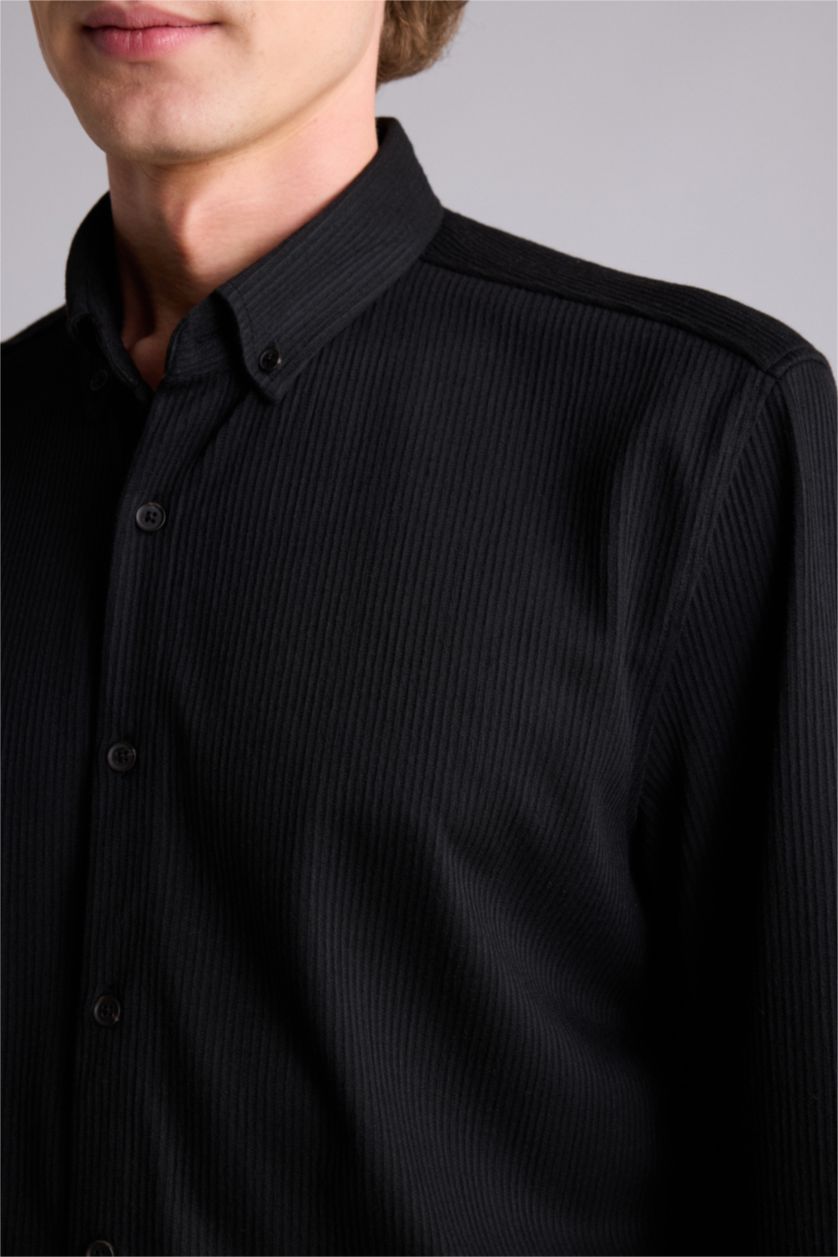 Erkek Siyah Regular Fıt Polo Yaka Uzun Kollu Gömlek