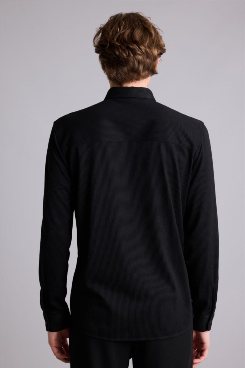 Erkek Siyah Regular Fıt Polo Yaka Uzun Kollu Gömlek