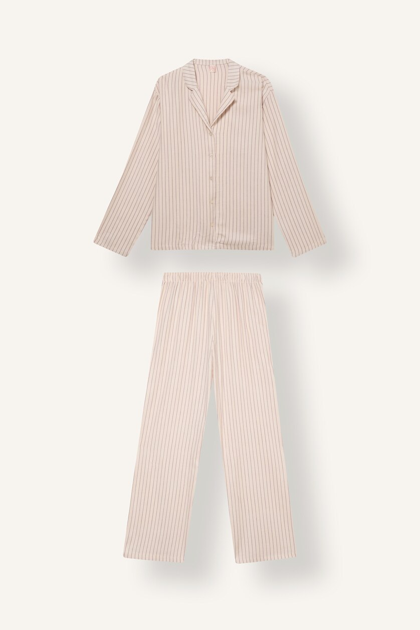 نساء بيج فاتح Regular Fit Long Sleeve Striped Flannel Pyjama Set