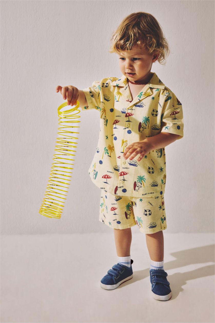 BABY BOY Light Yellow Baby Boy 2 piece Regular Fit Apache Neck Tropical Patterned Set