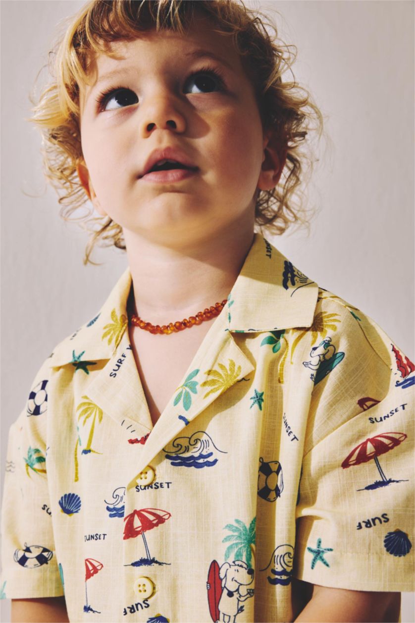 BABY BOY Light Yellow Baby Boy 2 piece Regular Fit Apache Neck Tropical Patterned Set