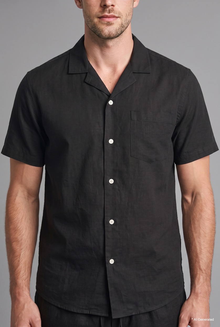 Men Black Regular Fit Linen Blended Short Sleeve Shirt