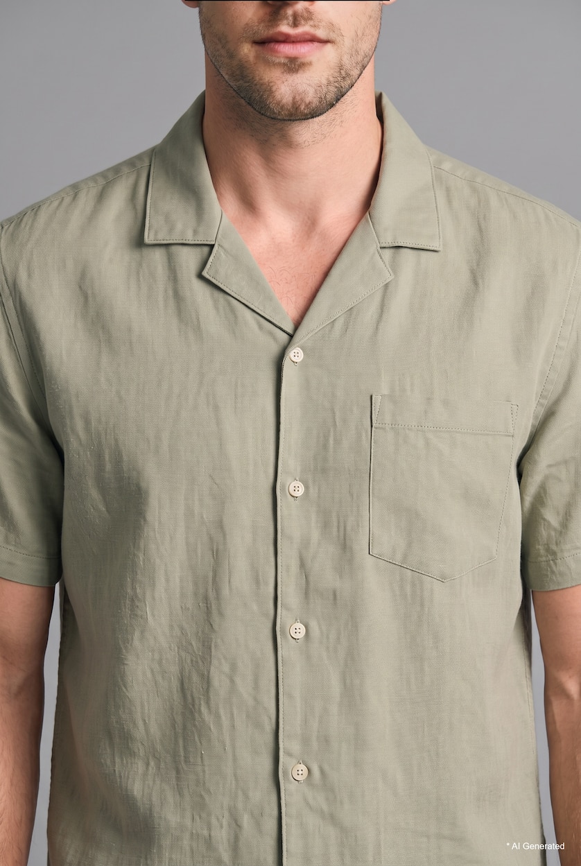 Men Green Regular Fit Linen Blended Short Sleeve Shirt