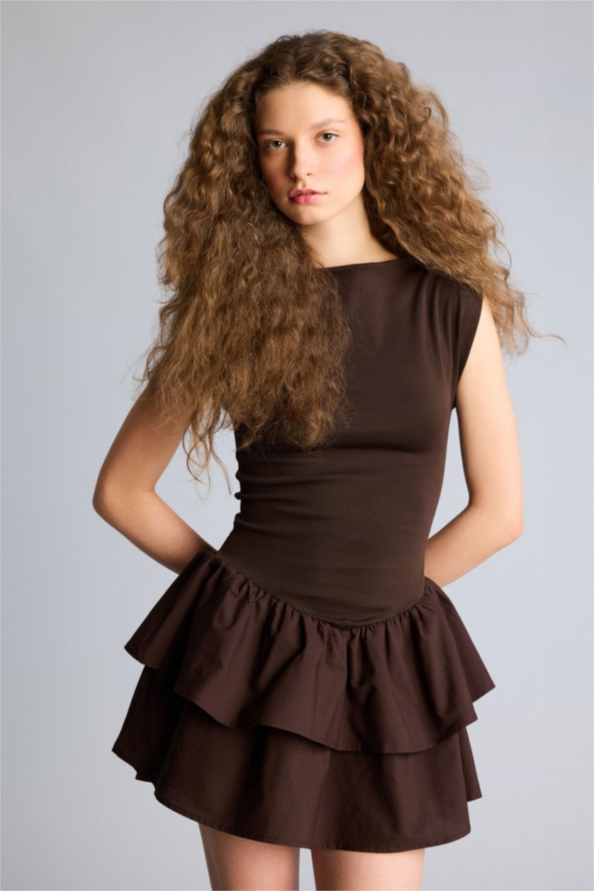 Kadın Kahve Balloon Fıt Kayık Yaka Mini Elbise