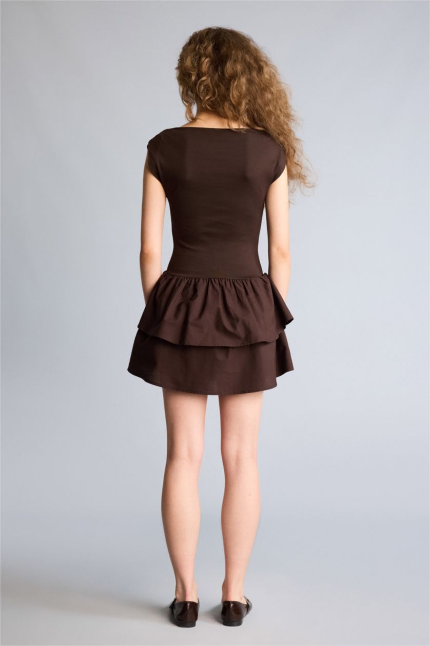 Kadın Kahve Balloon Fıt Kayık Yaka Mini Elbise