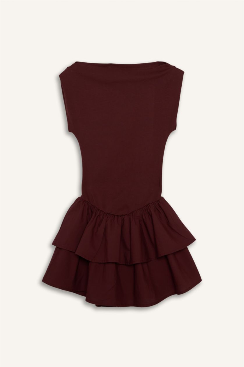 Woman Bordeaux Balloon Fit Boat Collar Mini Dress