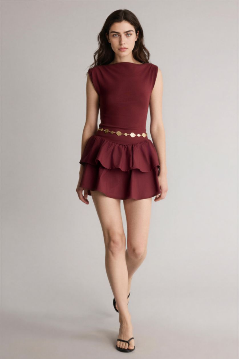 Kadın Bordo Balloon Fıt Kayık Yaka Mini Elbise
