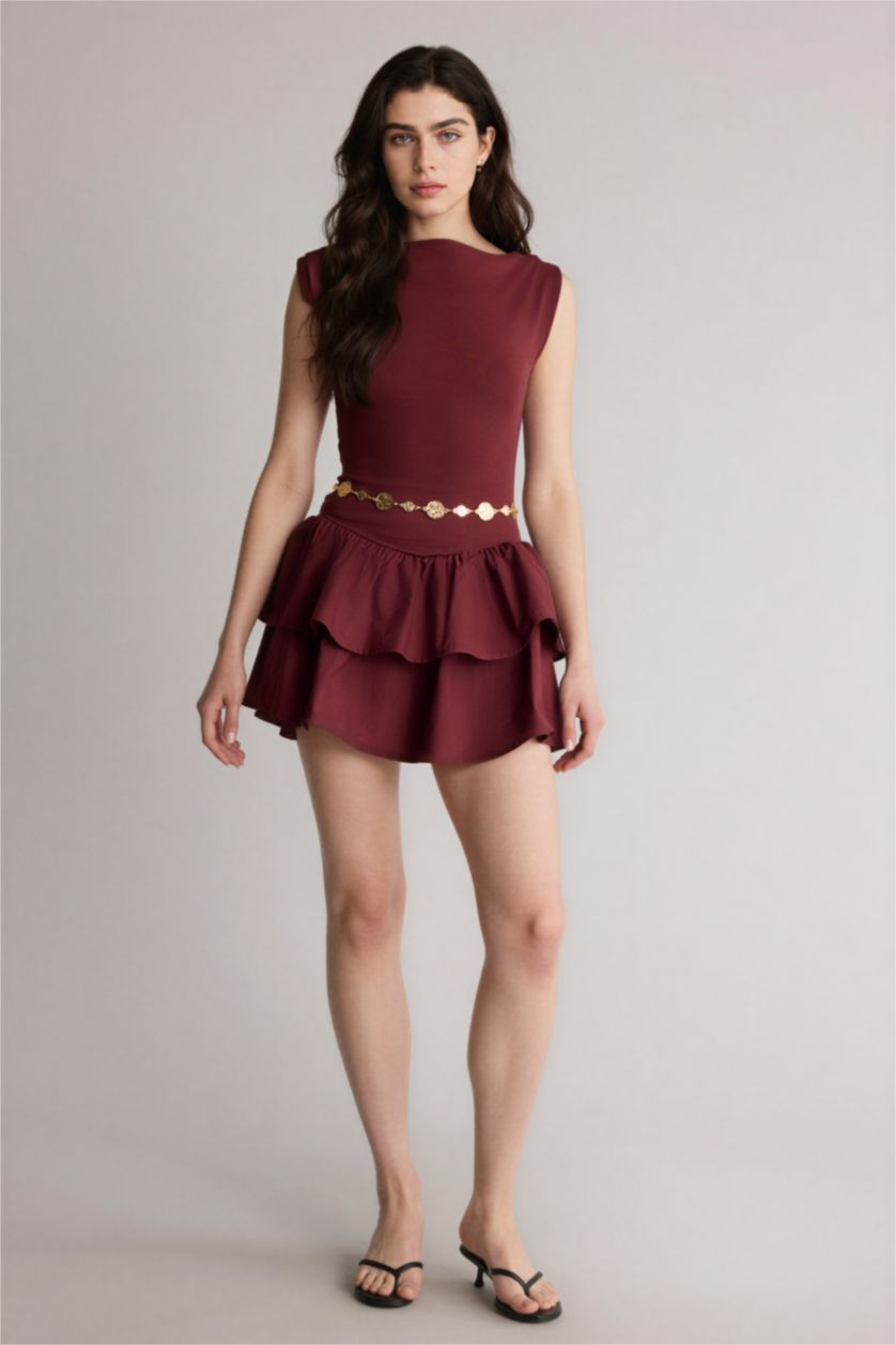Kadın Bordo Balloon Fıt Kayık Yaka Mini Elbise