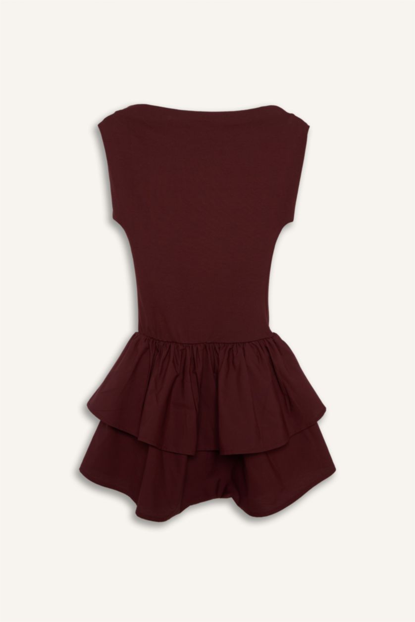 Woman Bordeaux Balloon Fit Boat Collar Mini Dress
