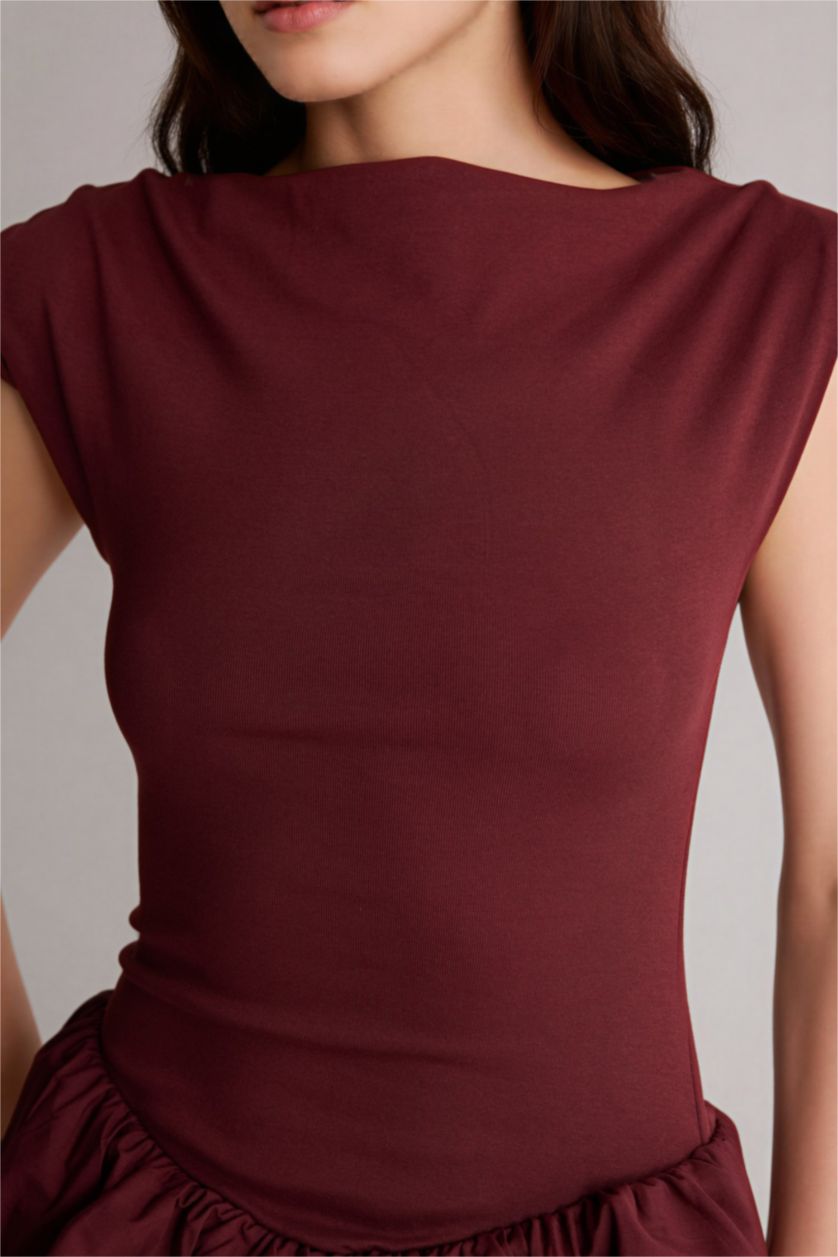 Kadın Bordo Balloon Fıt Kayık Yaka Mini Elbise