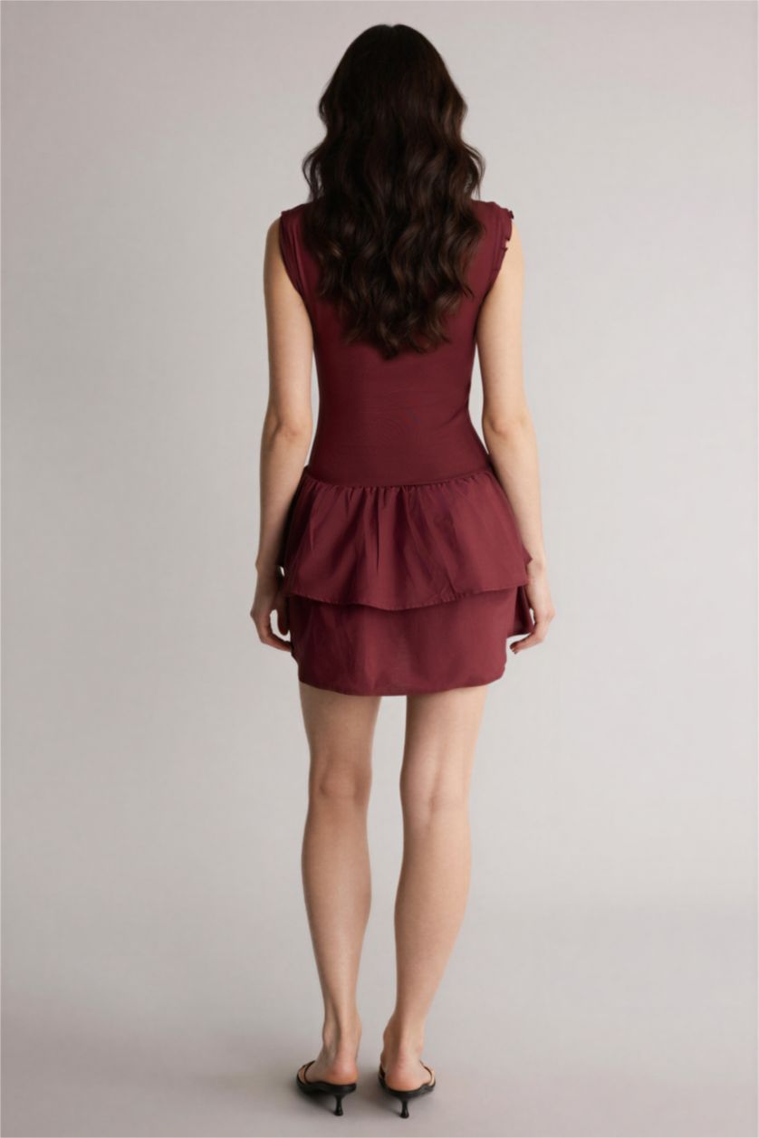 Kadın Bordo Balloon Fıt Kayık Yaka Mini Elbise