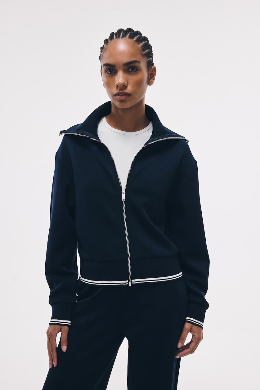 Woman Indigo Standard Fit Modal Zip-Up High Neck Cardigan