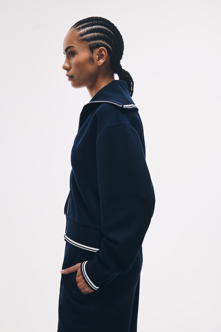 Woman Indigo Standard Fit Modal Zip-Up High Neck Cardigan