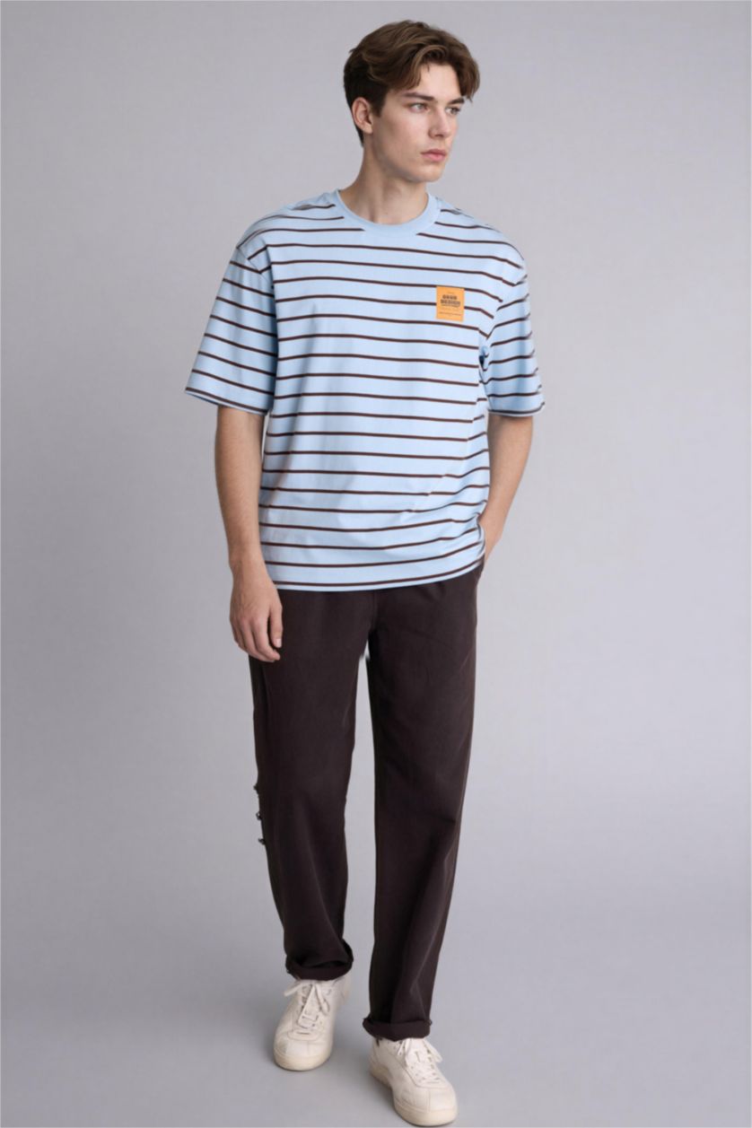 Erkek Mavi Boxy Fıt Kısa Kollu Tişört