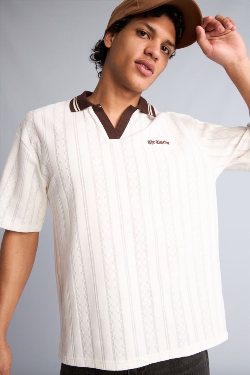 Erkek Ekru Boxy Fıt Kısa Kol Polo Tişört