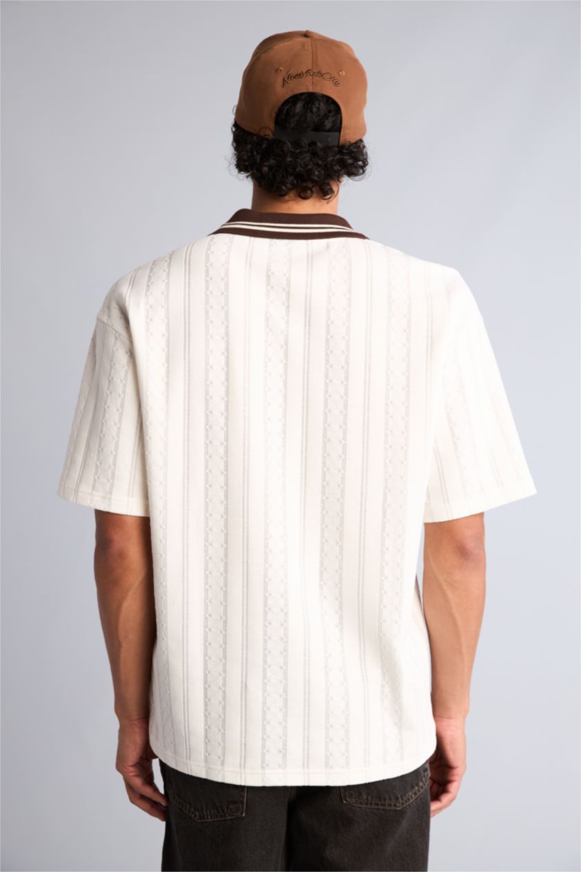 Erkek Ekru Boxy Fıt Kısa Kol Polo Tişört