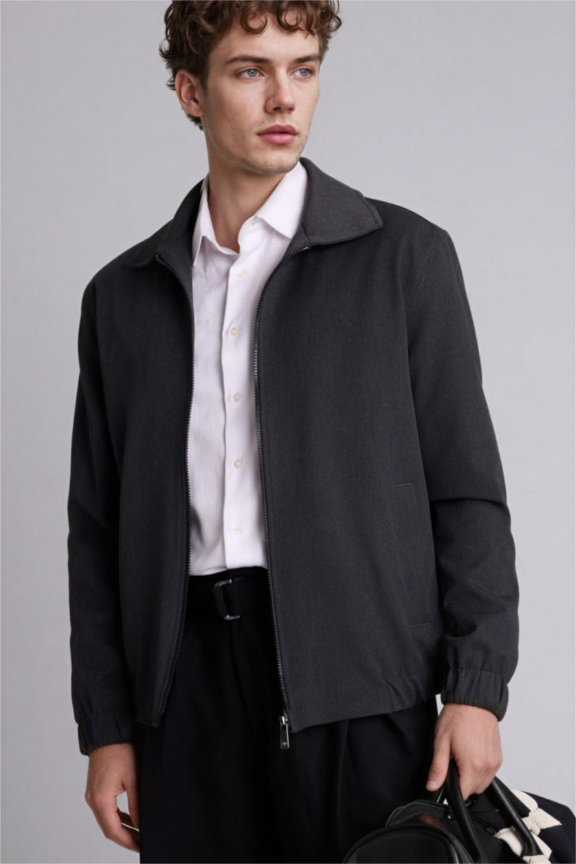 Erkek Antrasit Regular Fıt Polo Yaka Astarlı Fermuarlı Mont