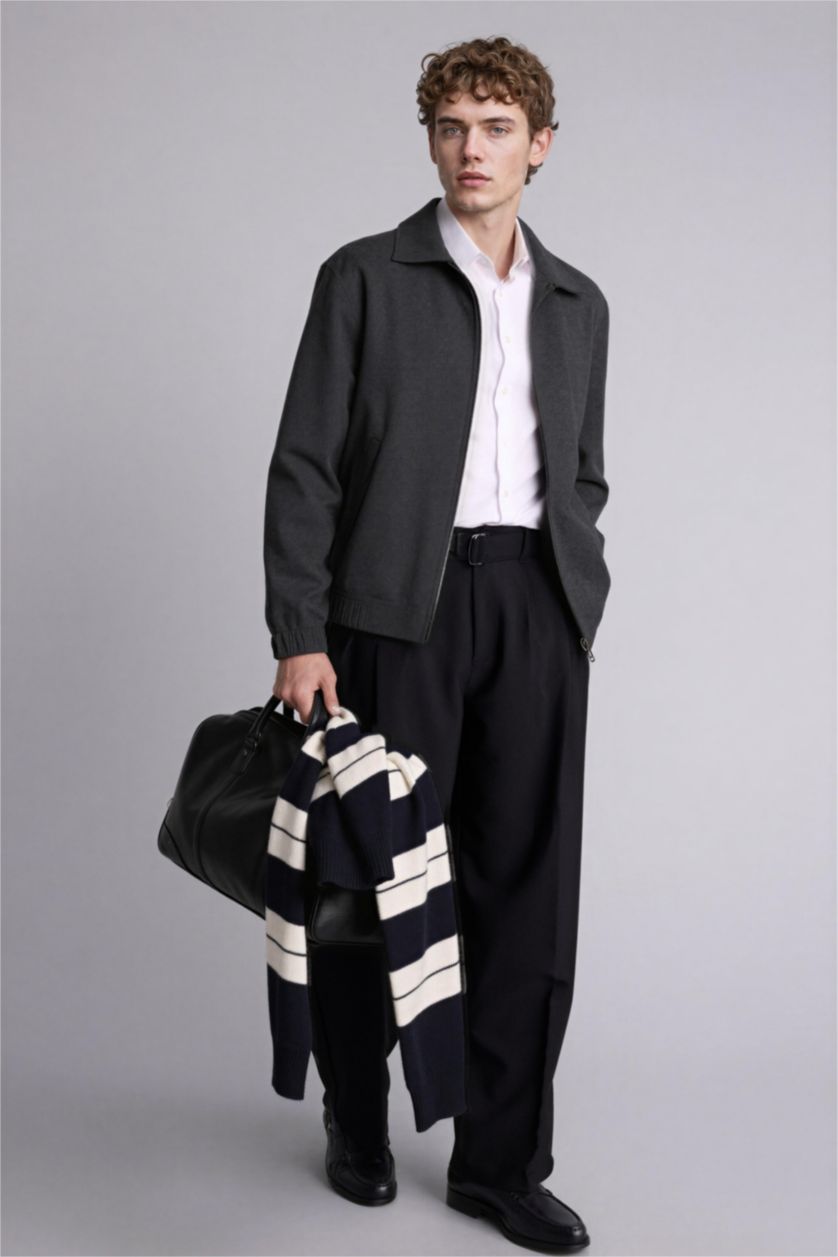 Erkek Antrasit Regular Fıt Polo Yaka Astarlı Fermuarlı Mont