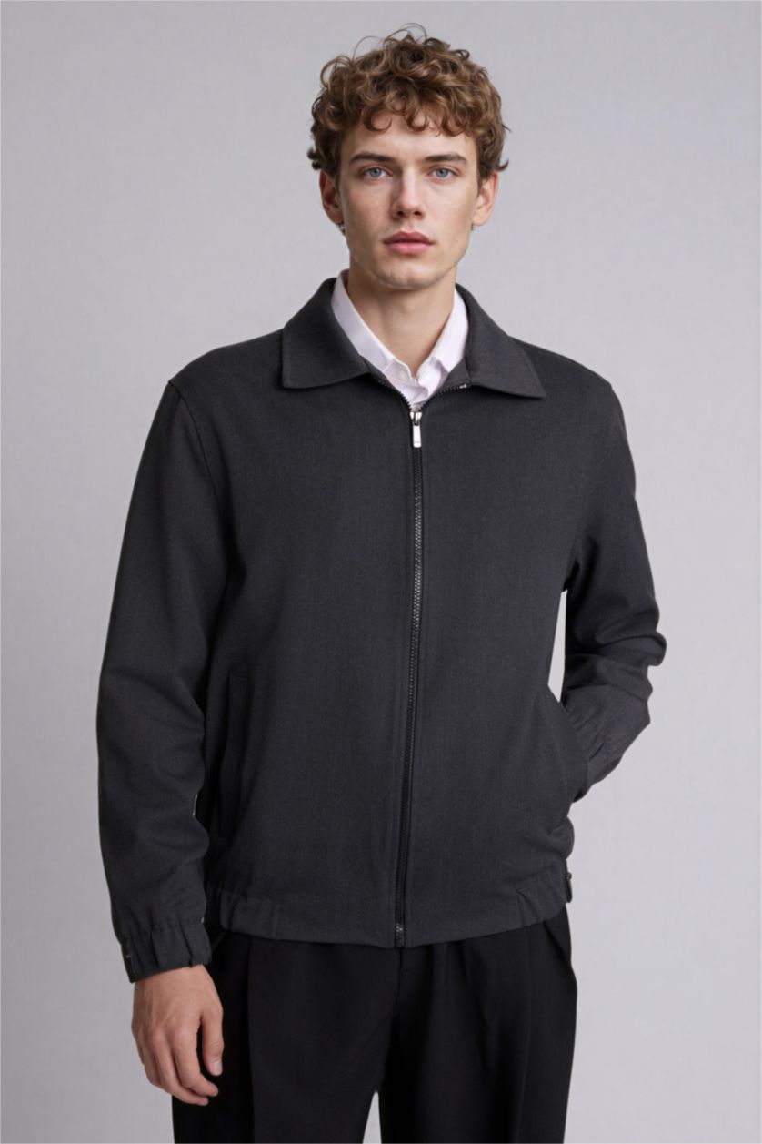 Erkek Antrasit Regular Fıt Polo Yaka Astarlı Fermuarlı Mont