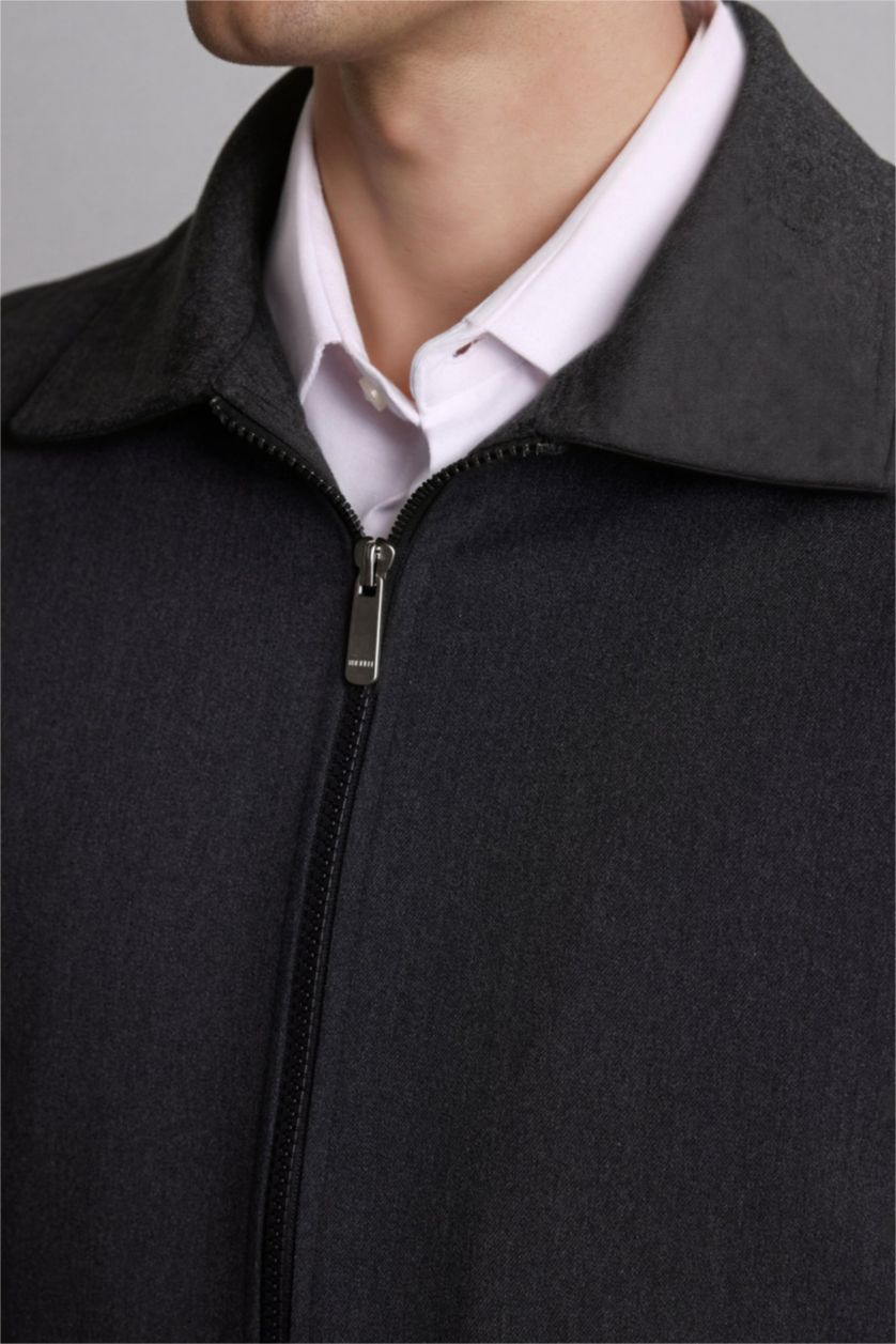 Erkek Antrasit Regular Fıt Polo Yaka Astarlı Fermuarlı Mont