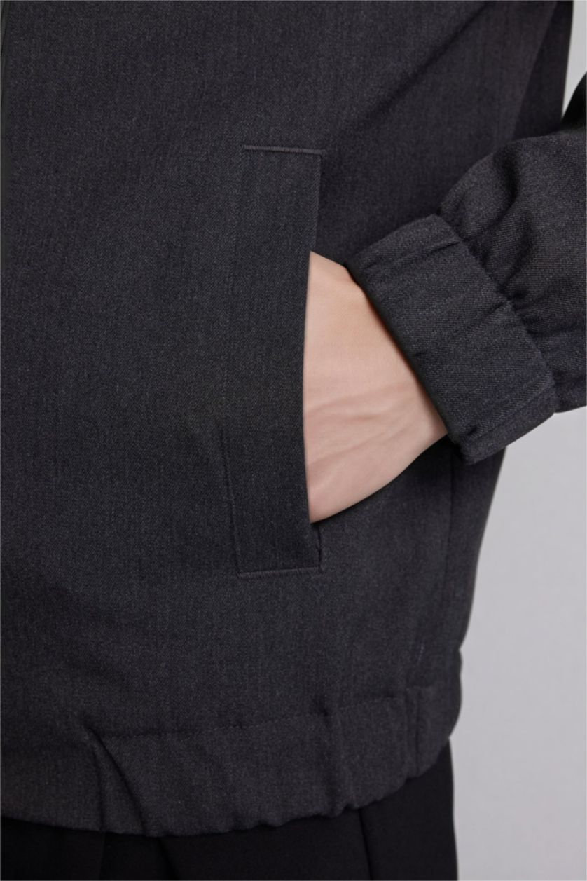 Erkek Antrasit Regular Fıt Polo Yaka Astarlı Fermuarlı Mont